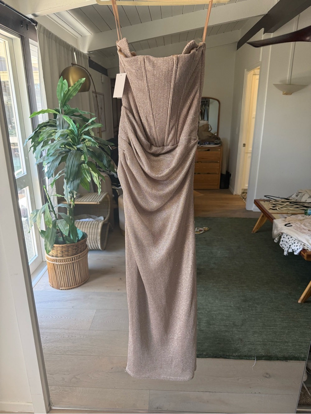 JLUXLABEL Shimmering Taupe Strapless Gown